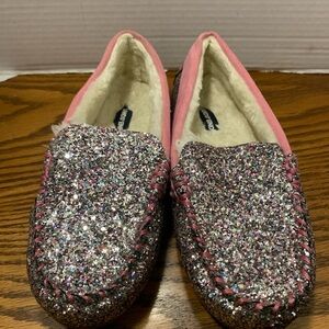 Lands' End Sparkling Glitter Pink and Silver size 4 Moccasins